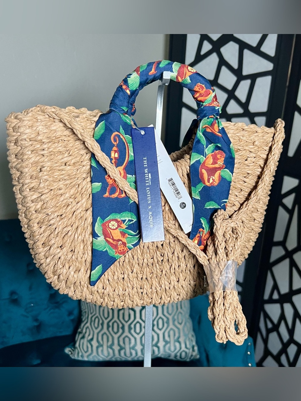 The White Lotus x AQUA Monkey Scarf Woven Basket Tote in Natural. NWT